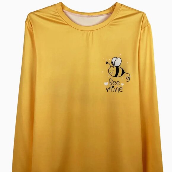 XL Cartoon Bee & Letter Print Crew Neck T-Shirt, Casual Long Sleeve Top - Picture 2 of 3
